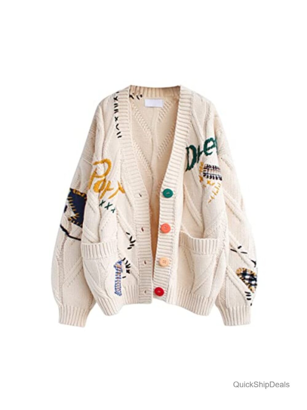 Cable Knit Embroidery Patchwork Cardigan V Neck Long Sleeve Button Down Sweater